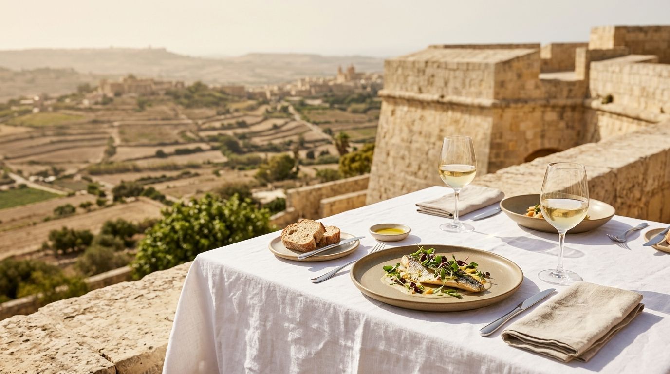 Fine-dining lunch table on a terrace overlooking the Maltese countryside
